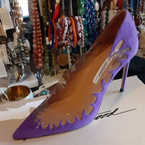 BRIAN ATWOOD PURPLE SUEDE LUCITE SHOES EURO 37 WOMANS HEELS - Picture 2 of 6